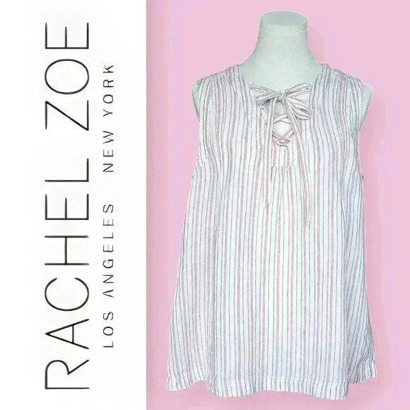 Rachel Zoe 100% Linen Pastel Pink Vertical Stripes Sleeveless Summer Blouse - Picture 1 of 13